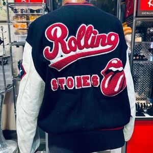 Super RARE! 1990 Rolling Stones Blue / White Wool Varsity Jacket Leather Sleeves